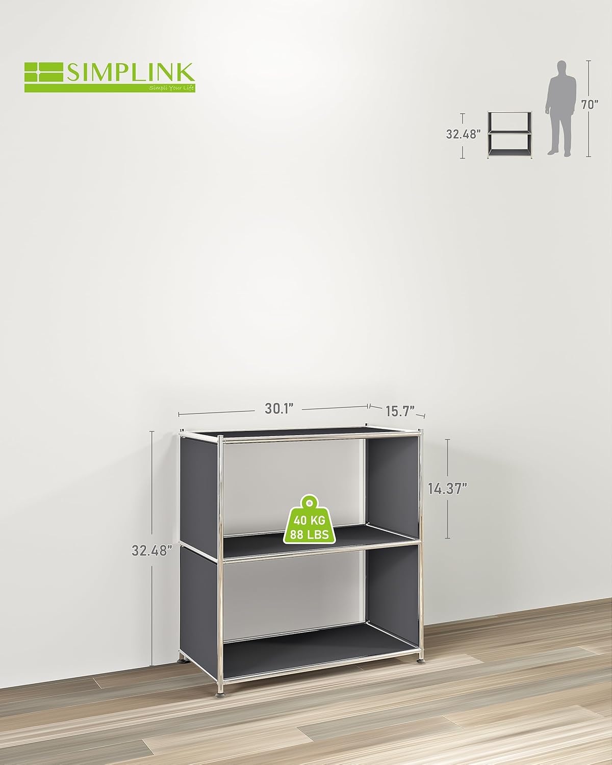 32-Inch 2-Tier Metal Bookcase, Open Shelf Storage Organizer for Living Room, Bedroom, Side Table or Nightstand Use, Modern DIY Assembly, Grey