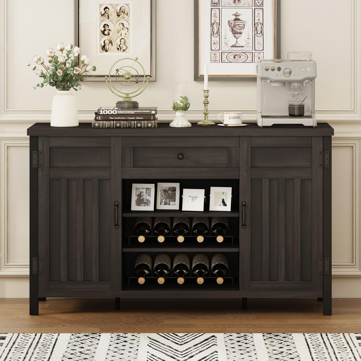 FATORRI Industrial Coffee Bar Cabinet with Drawer and Wine Rack, Sideboard Buffet Storage Cabinet with Door, Farmhouse Credenza Cupboard for Kitchen (Walnut Brown)