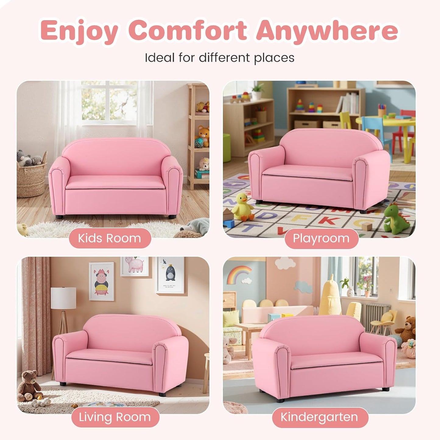 Costzon Kids Couch, 2 in 1 Double Seat Children's Sofa w/Under Seat Storage, PU Leather Surface, Toddler Armrest Chair, Kids Room, Soft Children Pink Sofa with Storage for Preschool Baby Girls Gifts