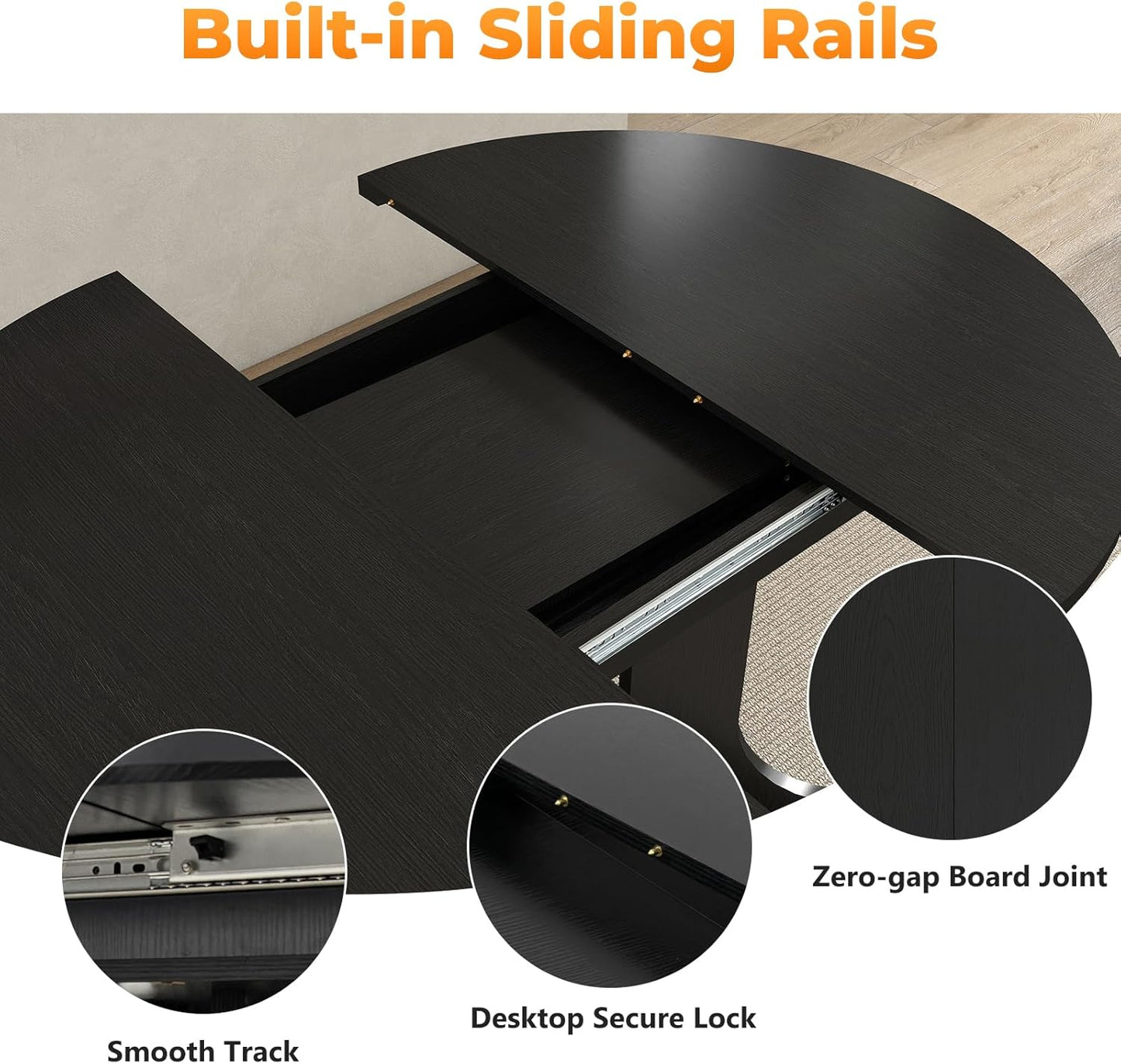 43"-59" Expandable Round Dining Table, Extendable Dining Room Table for 4-6, Oval Tabletop with Removable Leaf, Trestle X-Shaped Base & Metal Track for Dining Room, Living Room-Black