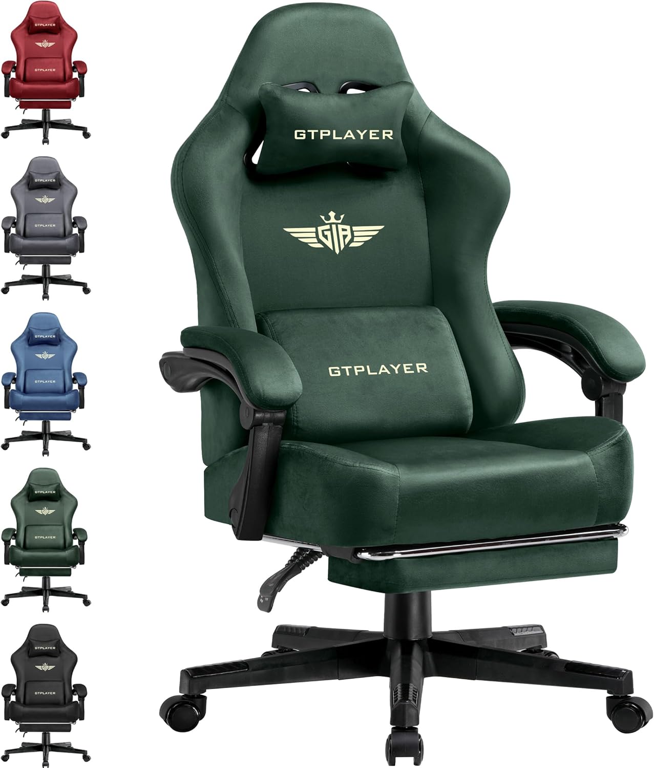 GTPLAYER Gaming Chair Fabric with Pocket Spring Cushion, Big and Tall Gamings Chairs 350LBS High Back Computer Chair with Footrest for Adults Lumbar Support Swivel Game Chair for Office Gaming Green