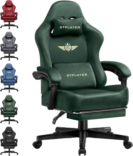 GTPLAYER Gaming Chair Fabric with Pocket Spring Cushion, Big and Tall Gamings Chairs 350LBS High Back Computer Chair with Footrest for Adults Lumbar Support Swivel Game Chair for Office Gaming Green