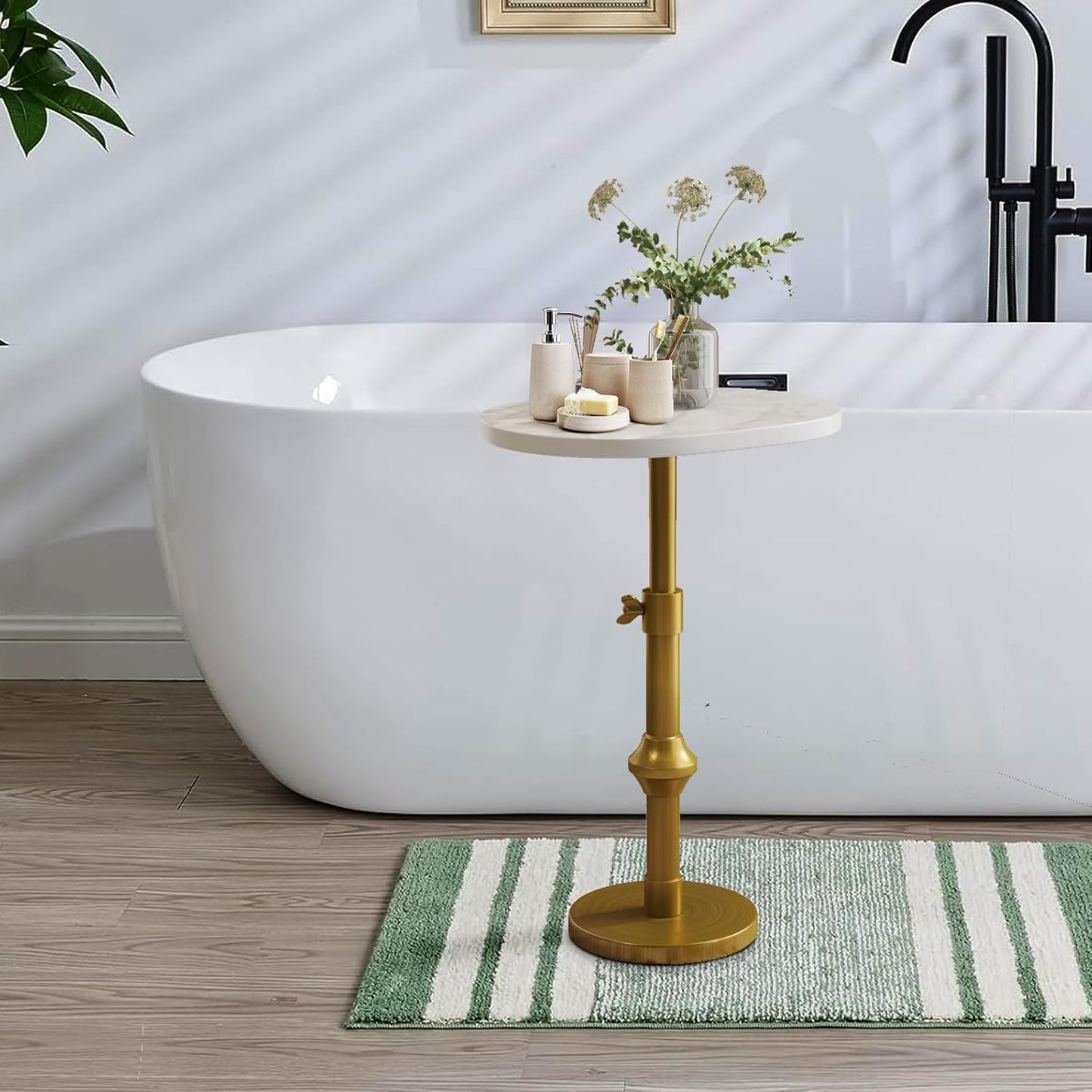 Marble Drink Table, 10"x12"x(22“~30") Martini Table with Metal Antique Brass Adjustable Stand Base, Drink Tables for Small Spaces, Living Room, Bedroom, Or Office (White)