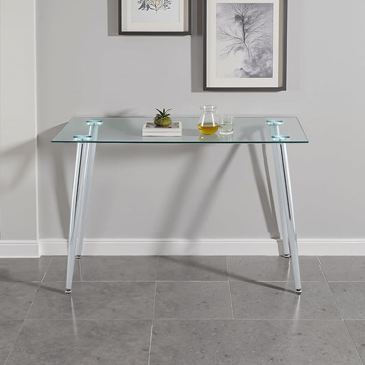 Dining Table for 6 Rectangular 47.2" Modern Glass Dining Table Kitchen & Dining Room Tables with Glass Tabletop and Metal Legs for Dining Room, Clear