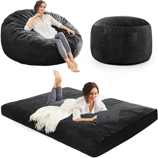 Bean Bag Chairs for Adults - Giant Bean Bag Chair Convertible Bean Bag Bed - Beanbag Chair with Microfiber Cover/Furniture Foam Filler - Floor Couch Sofa in Bedroom Dorm Room - Full Carbon Black