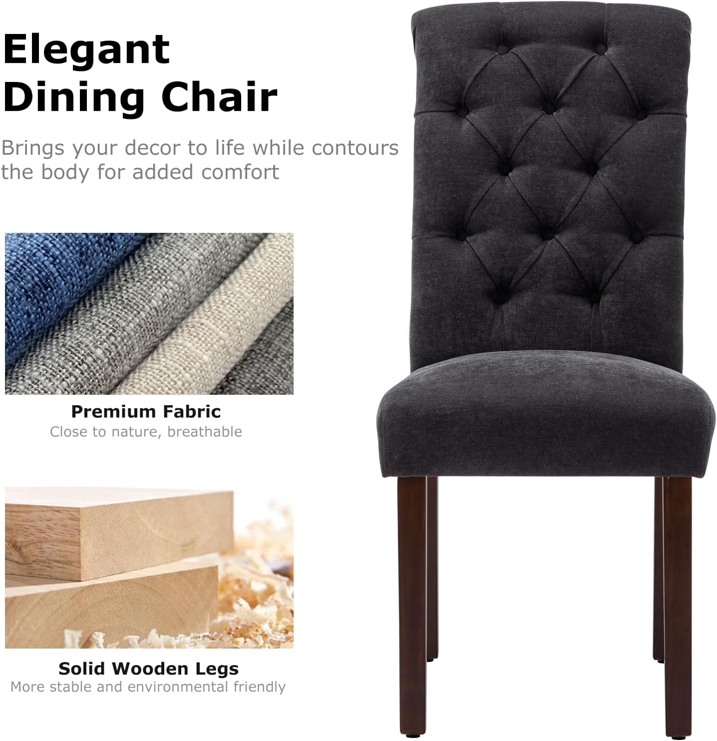 COLAMY Button Tufted Dining Chairs Set of 2, Parsons Upholstered Fabric Dining Room Chairs Kitchen Chairs with Wood Legs and Padded Seat, Black