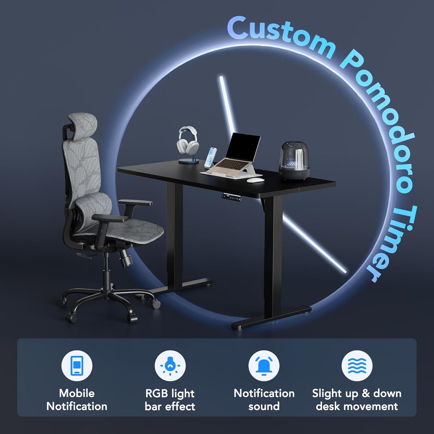 HUANUO 32 inch Electric Standing Desk with Smart APP, Alexa & Google Voice Control, Wi-Fi, Adjustable Height, 6 Memory Settings, Sedentary Reminder, Posture & Neck Care, Sit-Stand Desk, Black