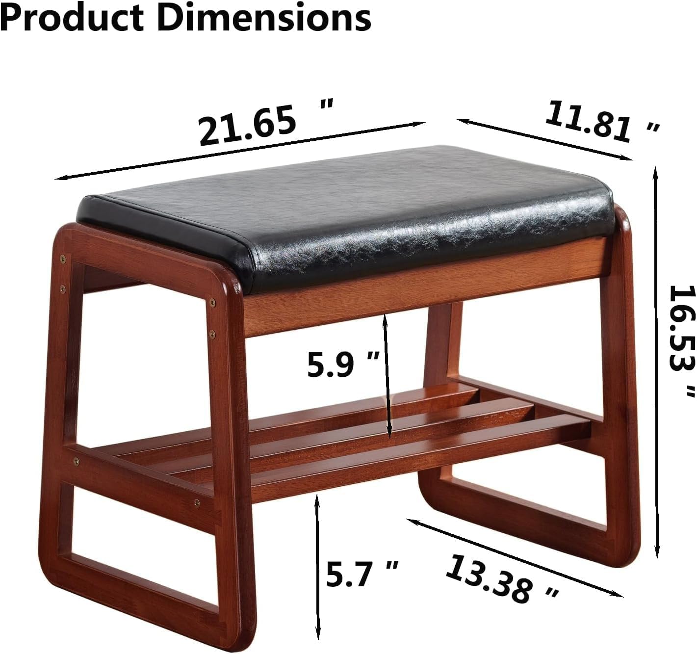 Solid Wood Shoe Bench, 2-Tier Wooden Entryway Bench, Modern Shoe Rack with Faux Leather Cushion for Hallway, Living Room (Black, 21.65'')