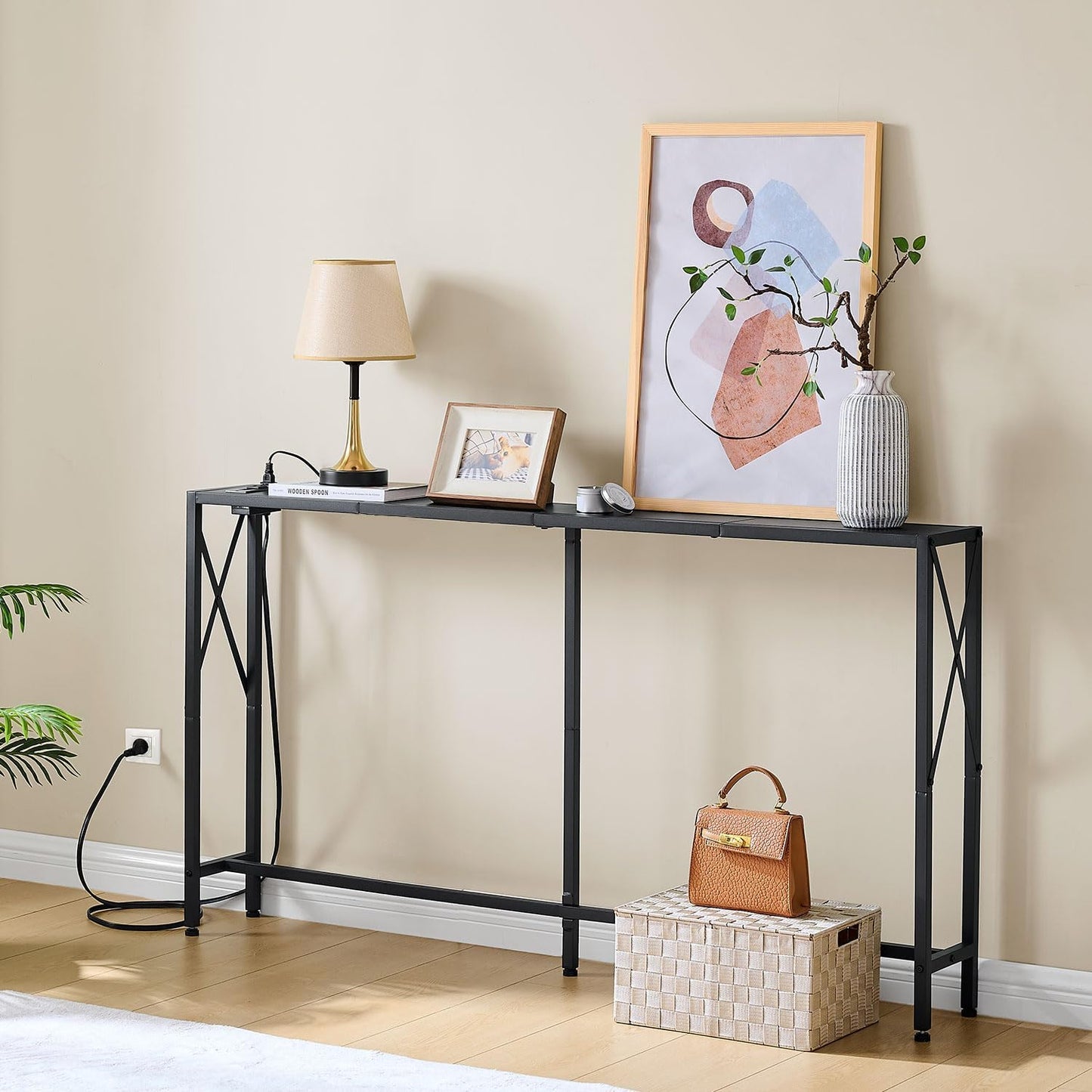 55.1" Narrow Sofa Table, Console Table with Oulets & USB Ports, Entryway Table, Industrial Couch Table for Hallway, Living Room, Bedroom, 6.5 Feet Power Cord,Black