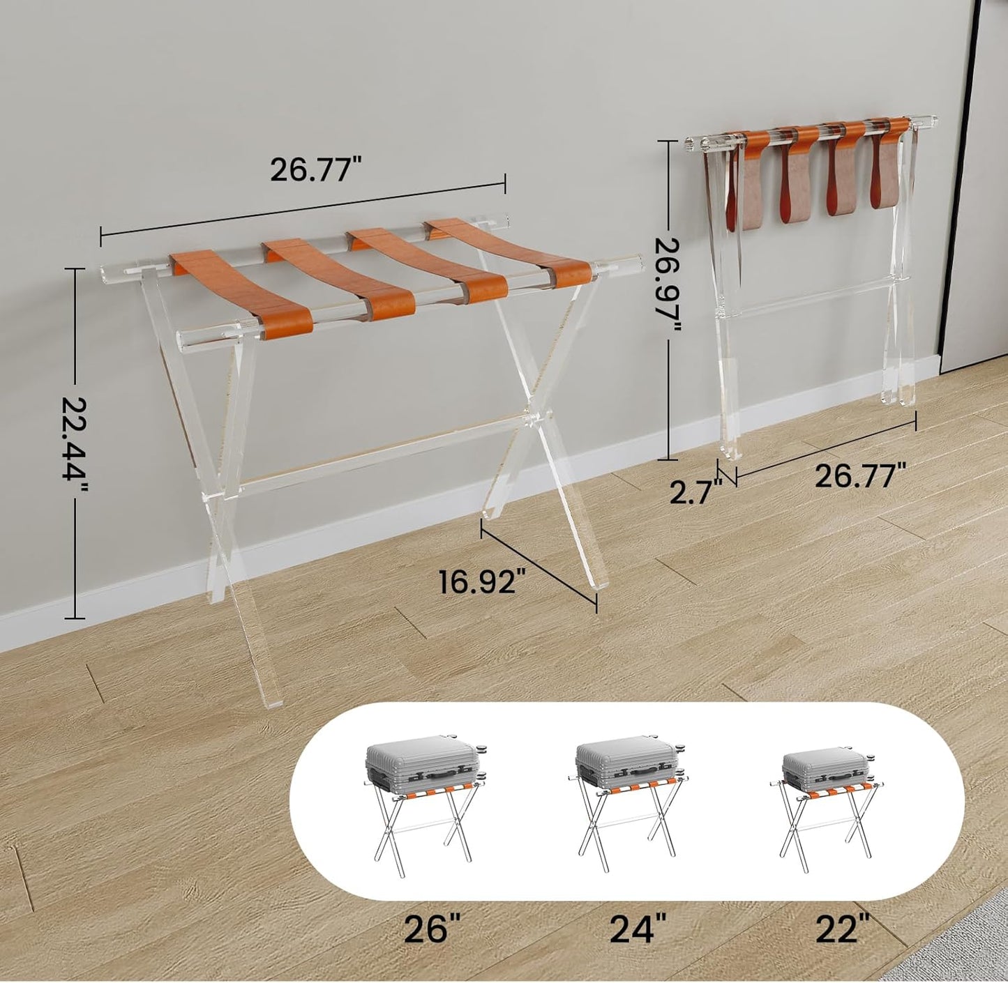 Sumerflos Acrylic Luggage Rack for Guest Room - Foldable Suitcase Stand with Leather Straps for Bedroom Living Room Hotel Heavy-Duty, Holds up to 50-100 lb lightweight Space Saving (Orange & Handle - 1 Pcs)