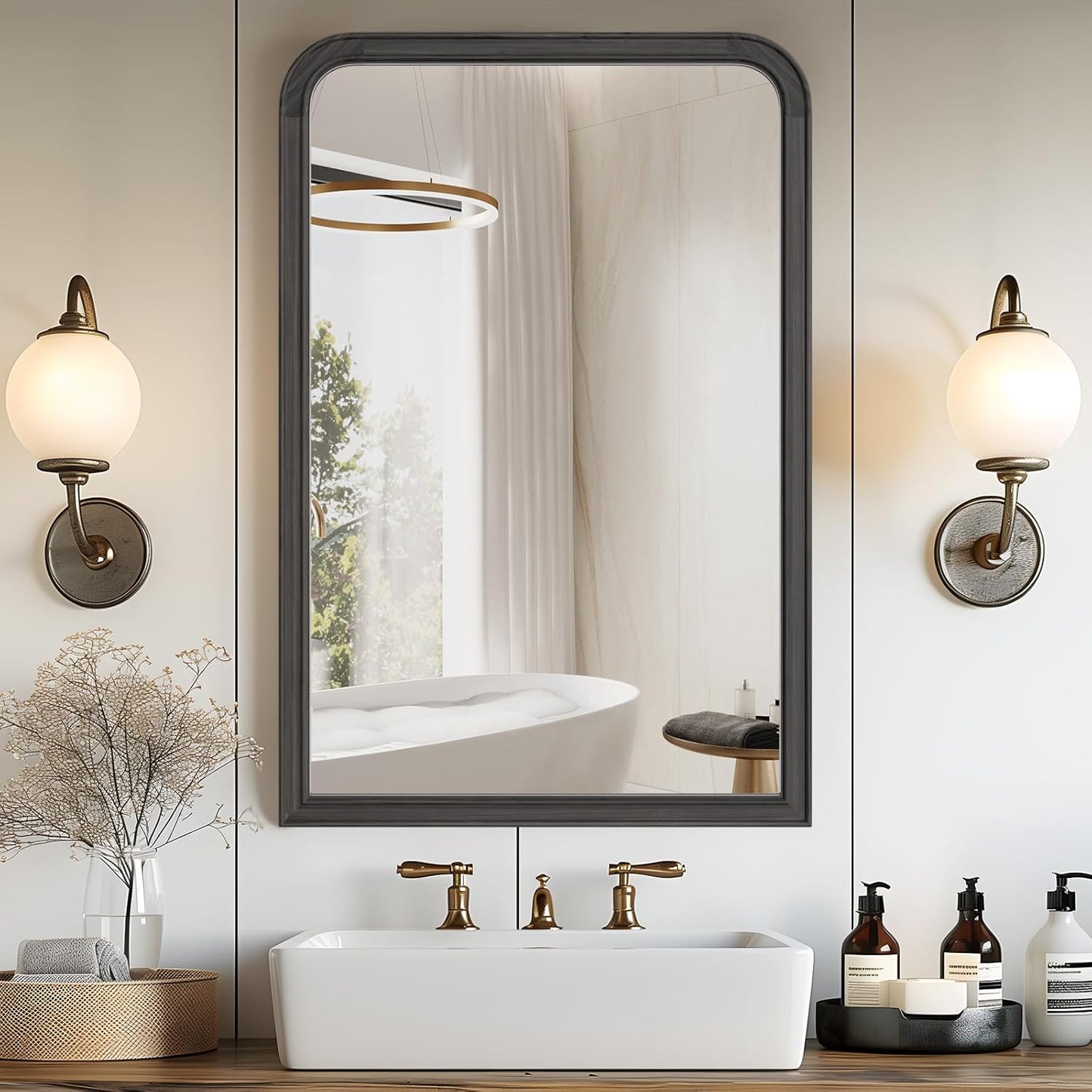 WallBeyond Wood Frame Bathroom Mirror 24" x 36" Wooden Arched Wall Mirror Farmhouse Style Bathroom Vanity Mirror for Home Decor Rectangle Mirror (Black)