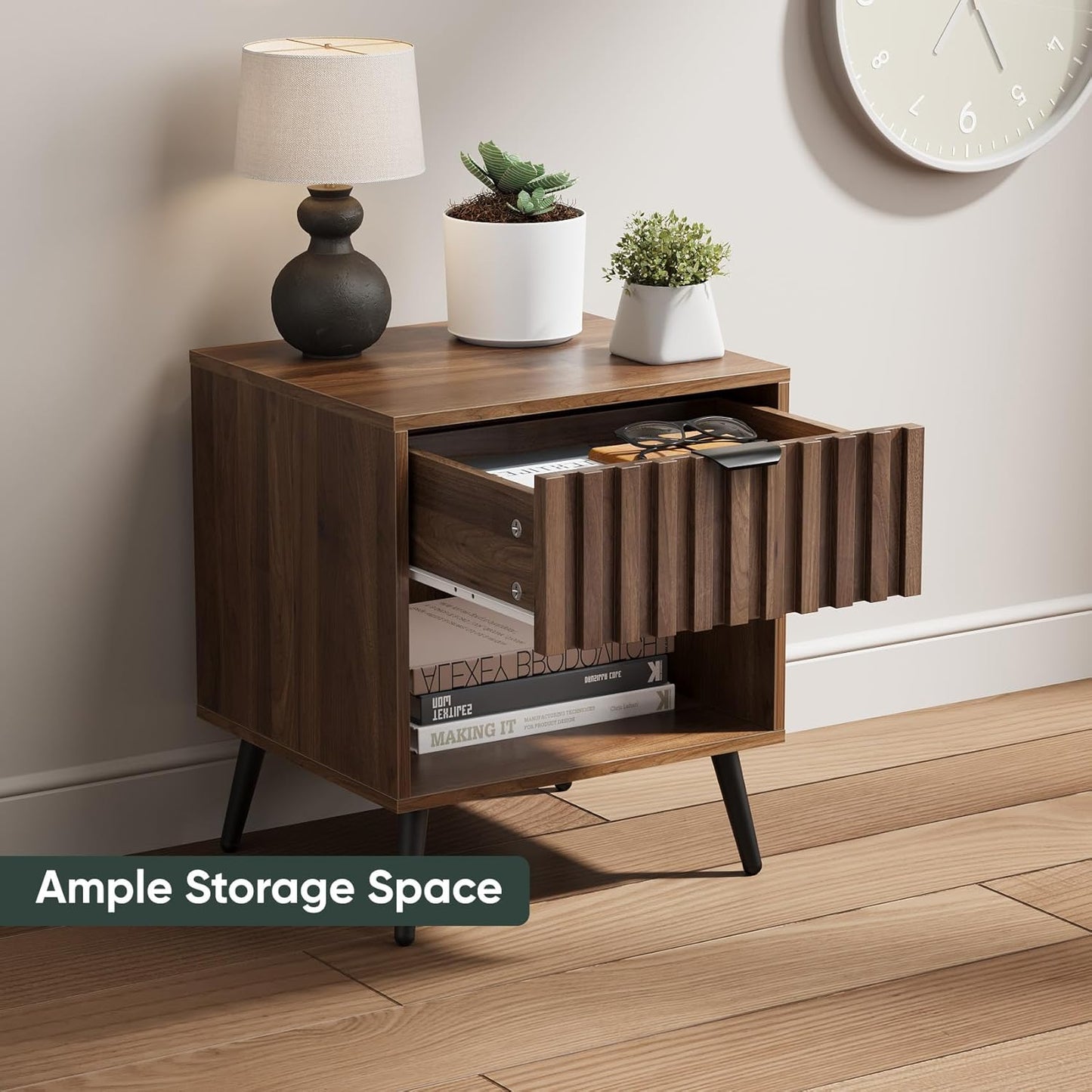 Nightstands, Walnut Fluted Night Stand, Mid Century Modern Nightstand, Bedside Table with Seamless Slatted Drawer, End Tables Bedroom with Metal Legs, Night Stand for Bedroom
