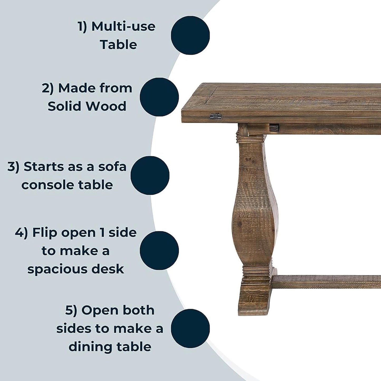 Martin Svensson Home Napa Sofa Console Table, Modular Flip Top Dining or Accent, Solid Natural Wood