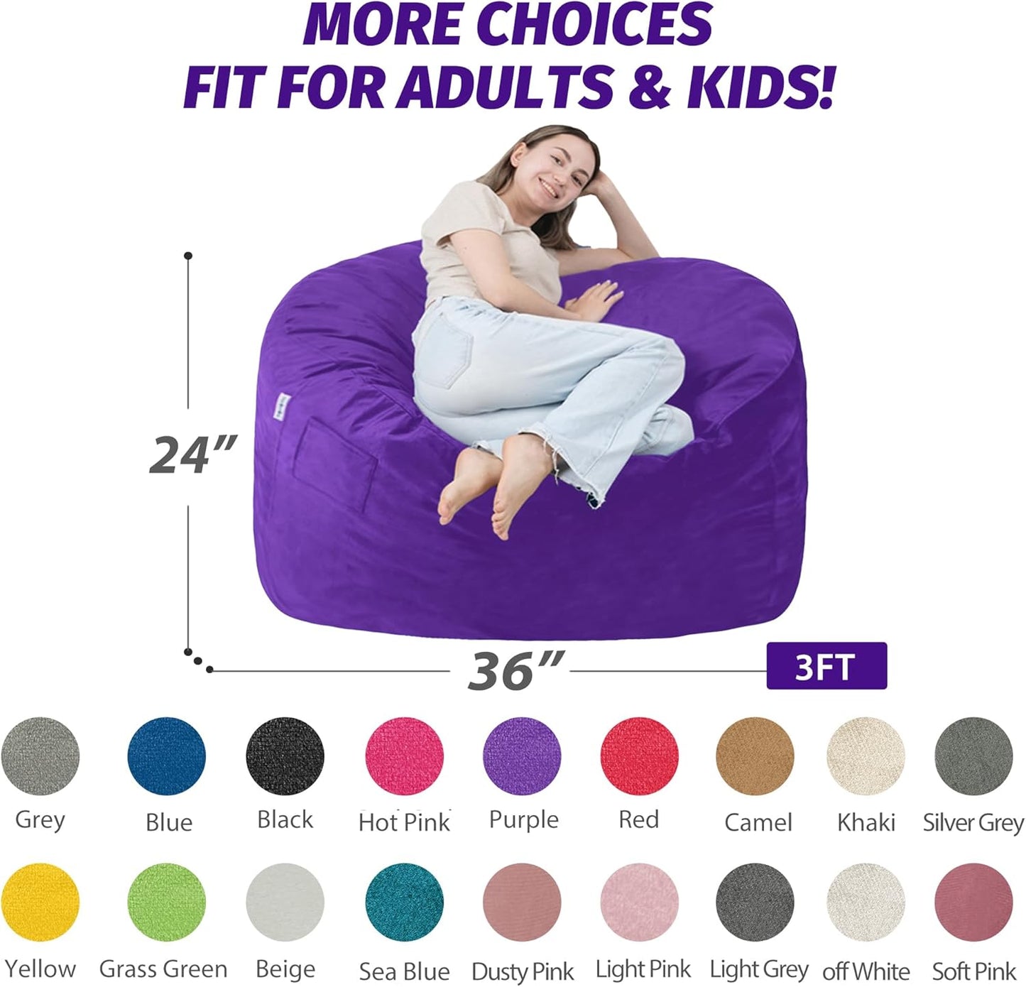 3FT Bean Bag Chair with Ultra Soft Velvet Cover Bean Bag Sofa with Memory Foam Bean Bag Chairs with Large Size Lazy Sofa for Dorm Office Living Room Bedroom Purple 3'