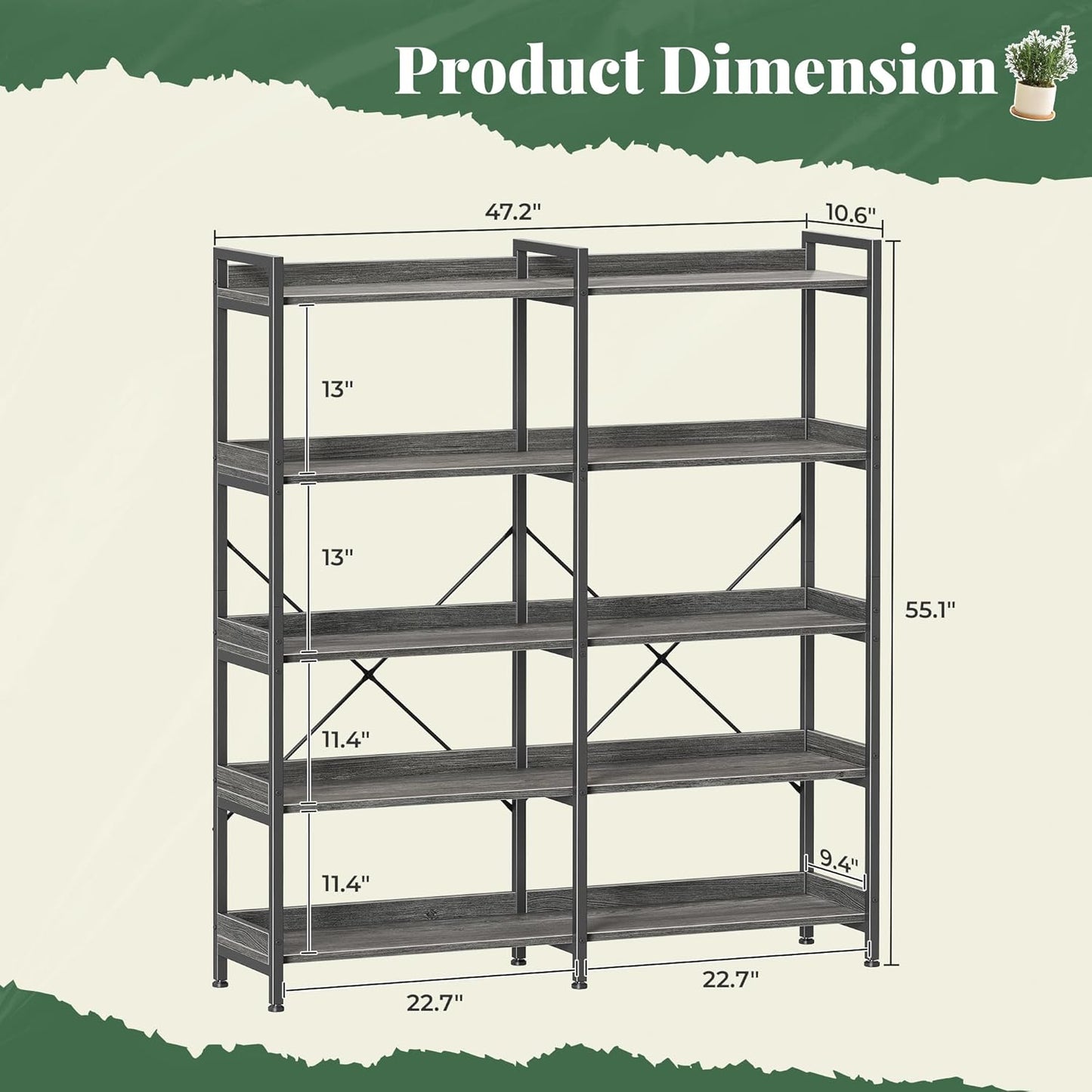 Huuger 5 Tier Bookshelf, Display Bookshelf with 10 Open Shelves and Raised Baffle, 47.2 Inch Straight Wide Bookcase with Metal Frame and Wooden Board, Adjustable Feet, Grey