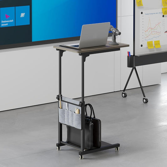 Adjustable Height Overbed Table, Sofa Side Bedside C Table with Wheels, Hospital Bed Table Rolling Tray with Storage, Mobile Computer Desk Laptop Table for Home Use with Side Pocket