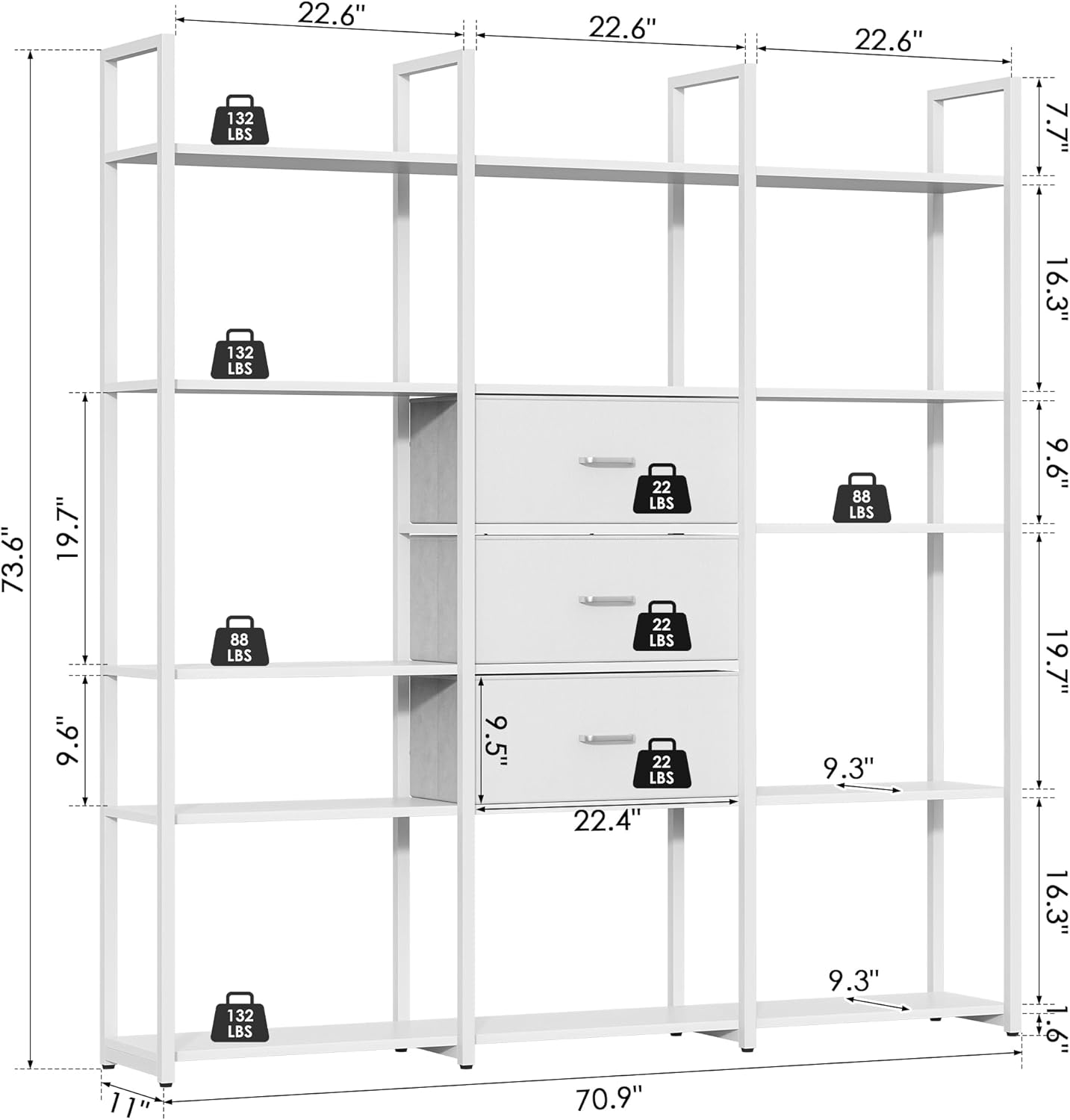 73.6" Tall Bookshelf with 3 Drawers and 16 Storage Shelves, Industrial Bookcase with 16 Open Display Shelves, Large Etagere Bookshelf, Triple Wide Book Shelf Book Case for Home & Office, White