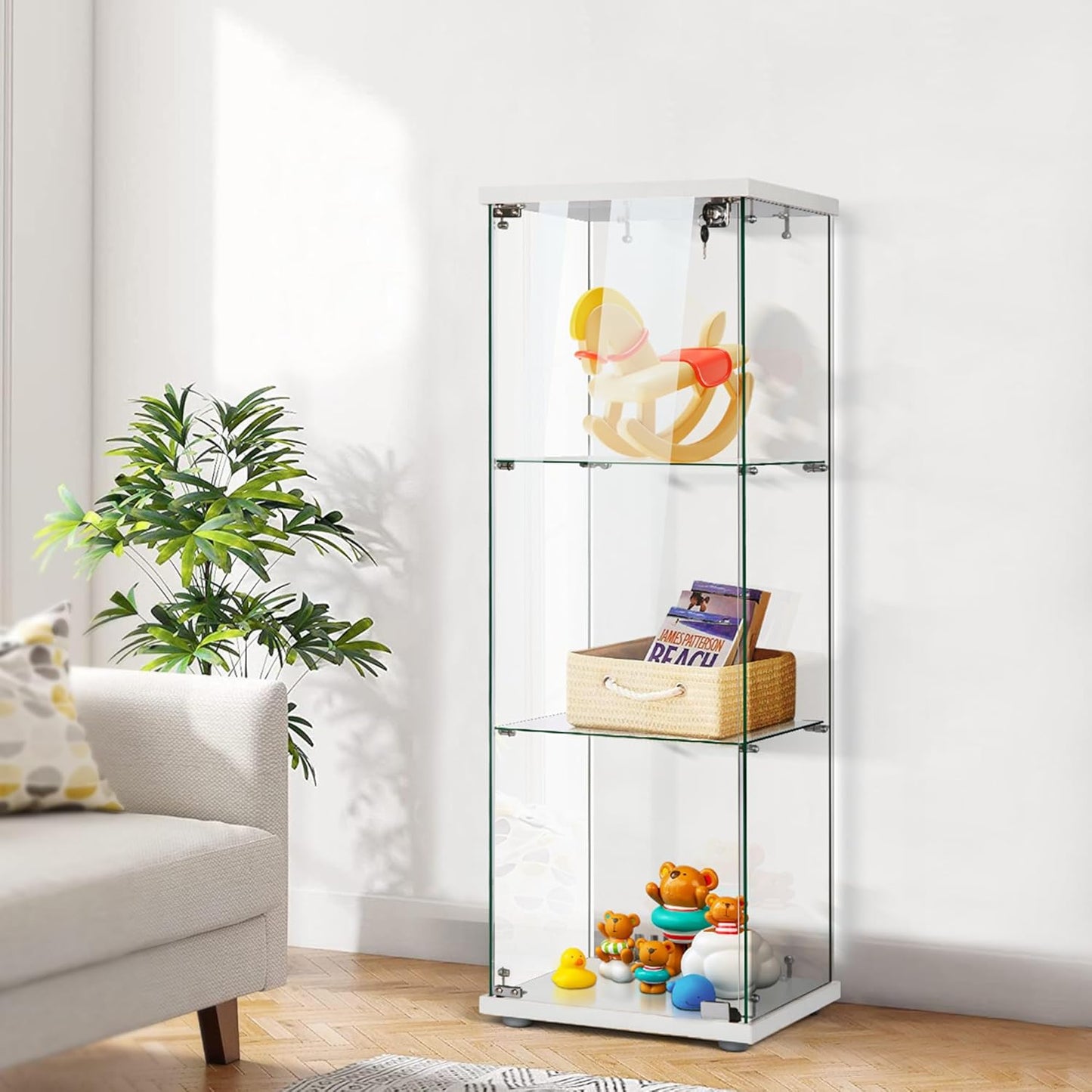 VIVOHOME 3 Layers 15.7''W x 15.7''D x 47.2''H Glass Display Cabinet Countertop Showcase with Lock, 5mm Tempered Glass 25mm MDF Base