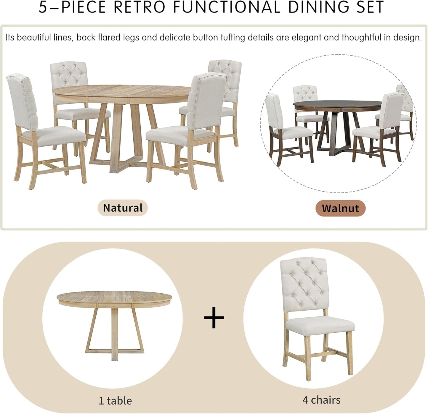 Ball & Cast 5 Piece Dining Table Set with 4 Upholstered Chairs,Living Room Furniture W/ 42" Table,Tabletop Can be Adjusted from Round to Oval in Shape,for Restaurant,Home Bistro,Natural