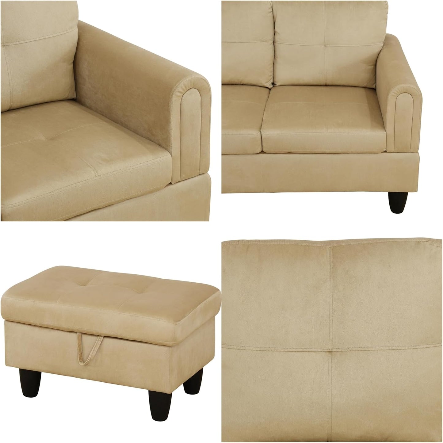 L Shaped Sectional Sofa with Ottoman, Modern Couches for Living Room, Microfiber Facing, Bedroom, Office