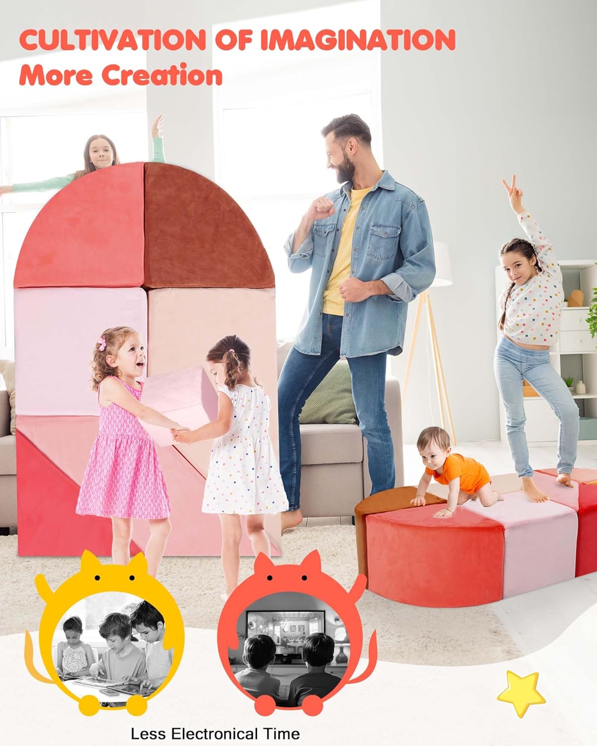 Kids Play Couch, 2-in-1 Heart-Shape Kids Plays Sofa with Unique Ball Pit(no Balls Included), Tangram Puzzle Play Couch for Playroom, Modular Play Sofa for Inspiring Creativity, Glow