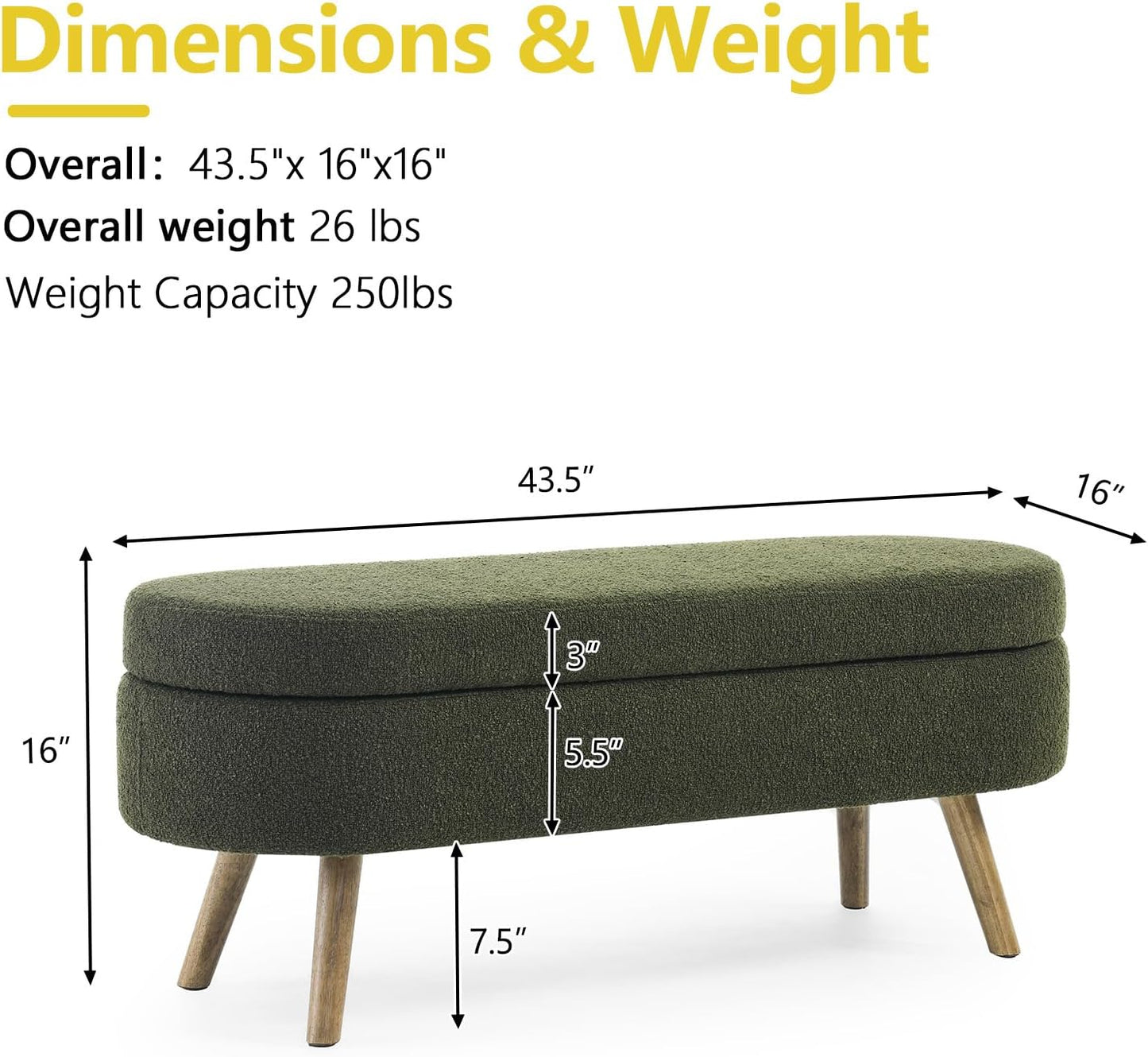 NicBex Ottoman Bench with Storage for Bedroom, 43.5" Upholstered End of Bed Bench with Rubber Wood Legs, Linen Storage Bench for Living Room or Entryway,