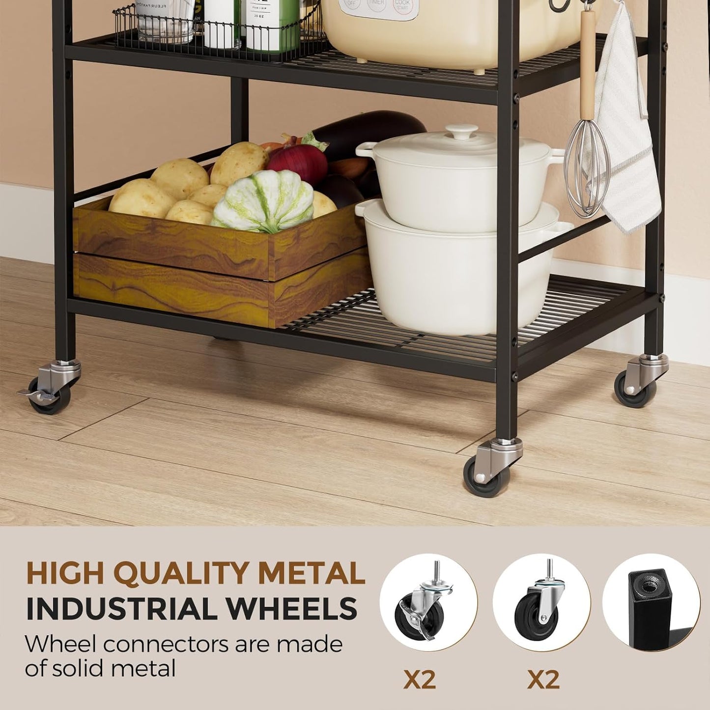3-Tier Metal Storage Rack with Industrial Wheels,Mesh Shelving Unit with Wooden Table top,Adjustable Shelf,23.6-Inch Width,15.8-Inch Depth, for Kitchen, Laundry,Pantry,Plant,Black