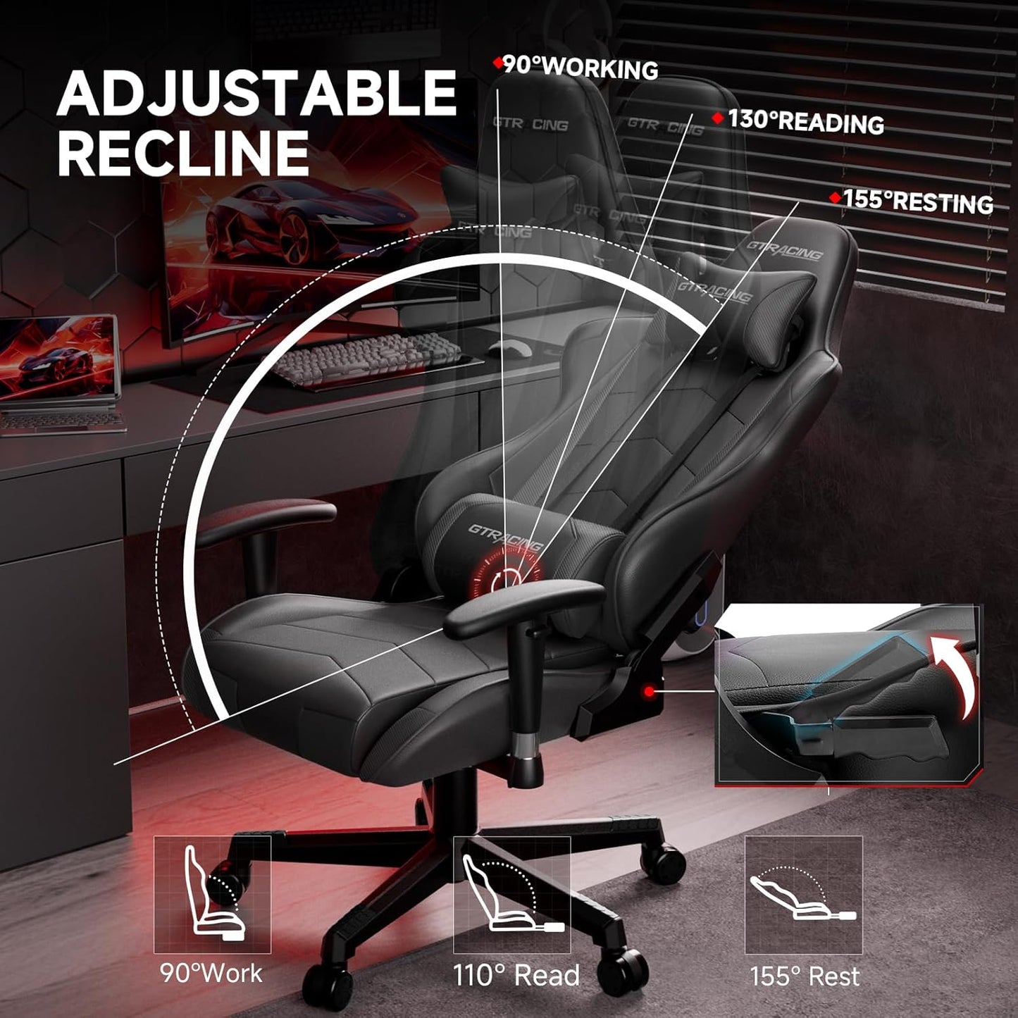GTRACING Gaming Chair with Reclining Backrest, Adjustable Height and Swivel Base, Ergonomic Computer Chair with Headrest and Lumbar Support (Black)