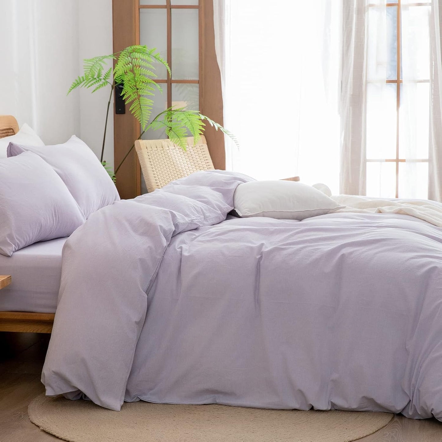 BESTOUCH Duvet Cover Set 100% Washed Cotton Linen Feel Super Soft Comfortable Chic Lightweight 3 PCs Home Bedding Set Solid Taro Purple Cal King