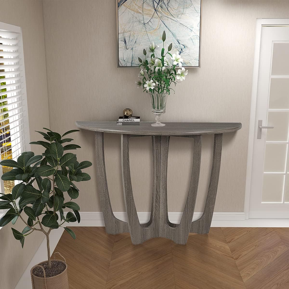 FINECASA Half-Moon Console Table, Semicircle Narrow Side Table, 43.4x17x30 Inches, Gray