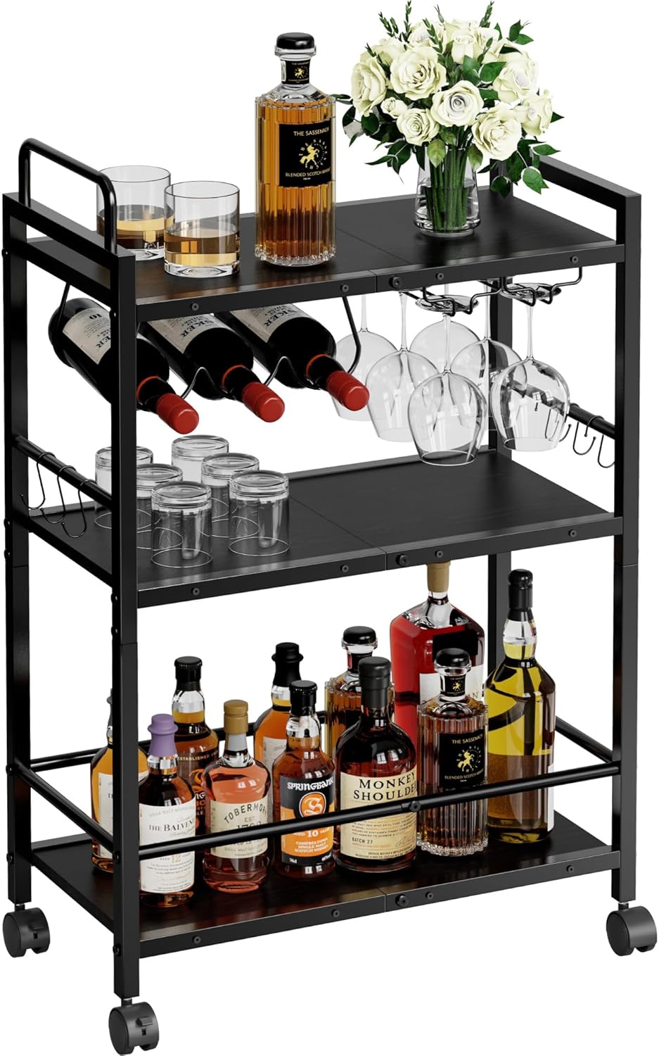 Home Bar Serving Cart, Serving Cart with Wheels and Handle, 3 Tier Rolling Kitchen Cart, Microwave Cart, Beverage Cart with Wine Holder and Glass Holders, for Dinning Room, Living Room, Black
