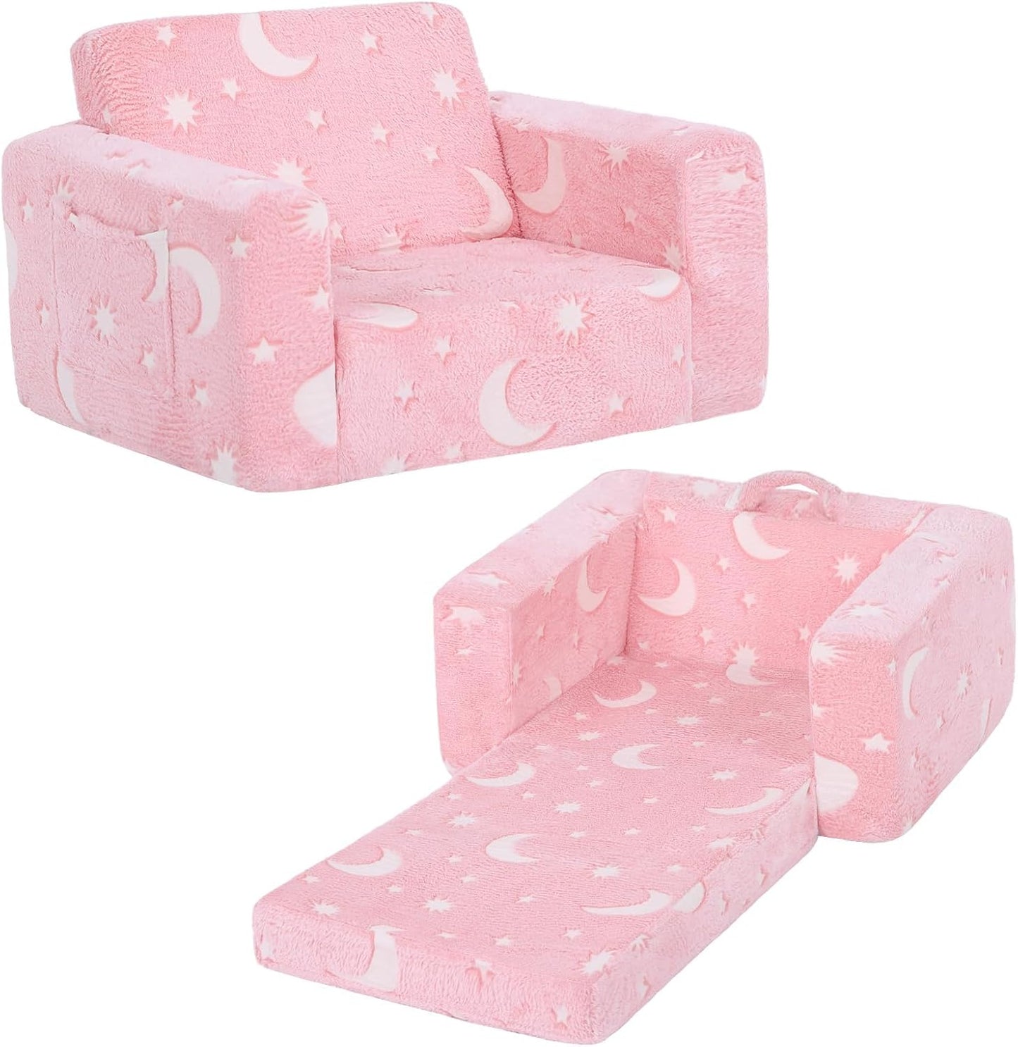 Welnow Toddler Chair, 2-in-1 Soft Sherpa Kids Sofa, Convertible Toddler Couch Lounger, Flip Out Kids Couch Chair with Side Pockets & Removable Cover for Girls and Boys, Pink Moon