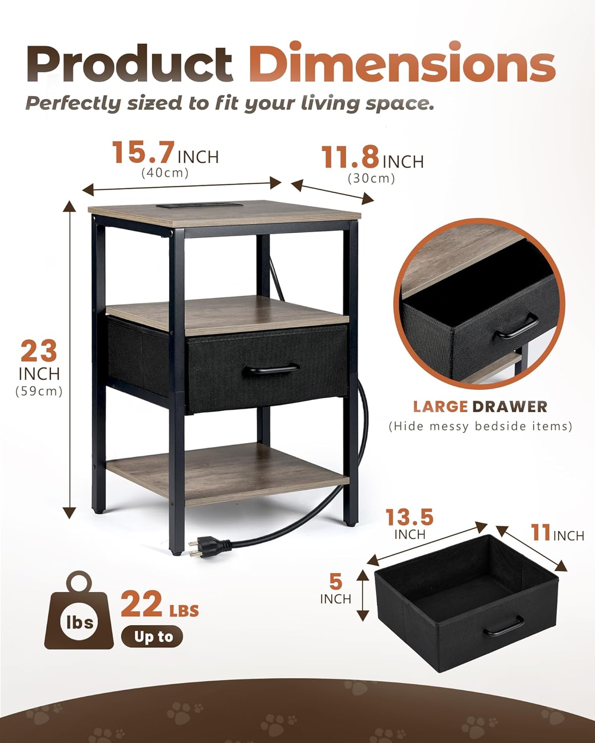 Nightstand with Charging Station, Bed Side Table with Fabric Drawer, 3-Tier Storage Dorm Night Stand for Bedroom, 2 USB & 2 Outlets End Table, Greige and Black