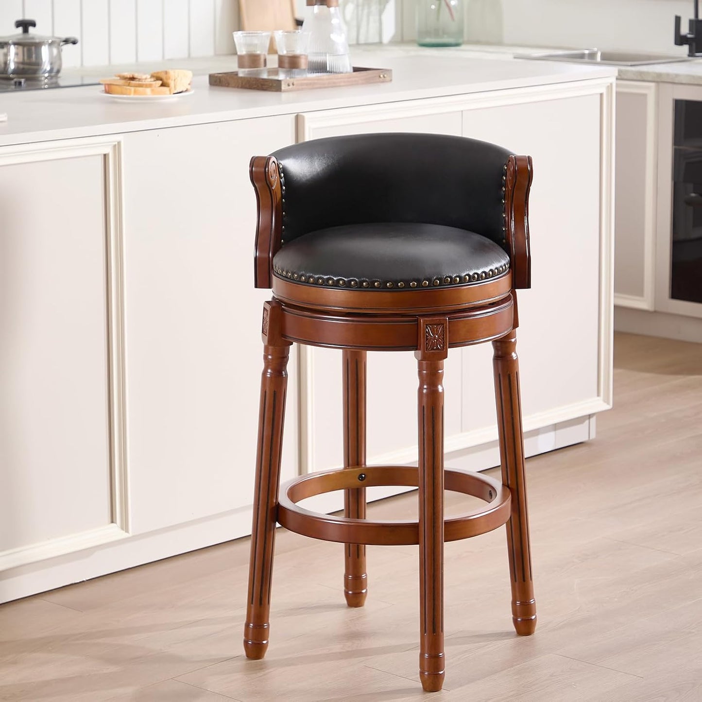 CozyRain Bar Stools Rubber Wood Counter Height Bar Stool Leather Upholstered Swivel Barstools with Back & Footrest for Home,Kitchen,Counter,Dining Room (Black, Seat Height 29.5 in)