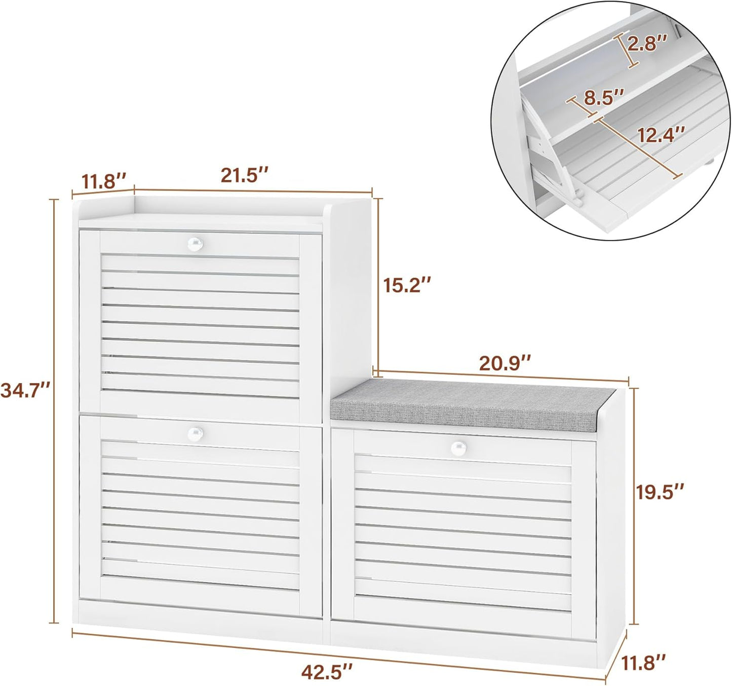 Shoe Bench with 3 Flip Drawers, Entryway Storage Bench with Cushion, Adjustable Shelves, Shoe Cabinet with Storage Space for Entryway, Living Room, Hallway, Mudroom, Bedroom, White