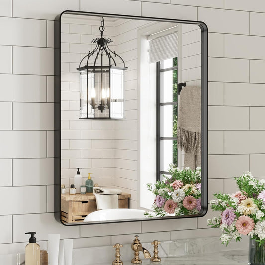 WEER Black Bathroom Mirror for Wall 20X30 Inch, Rectangular Black Metal Framed Vanity Mirror, Farmhouse Bathroom Mirror with Tempered Glass, Rounded Corner, Anti-Rust (Horizontal/Vertical)