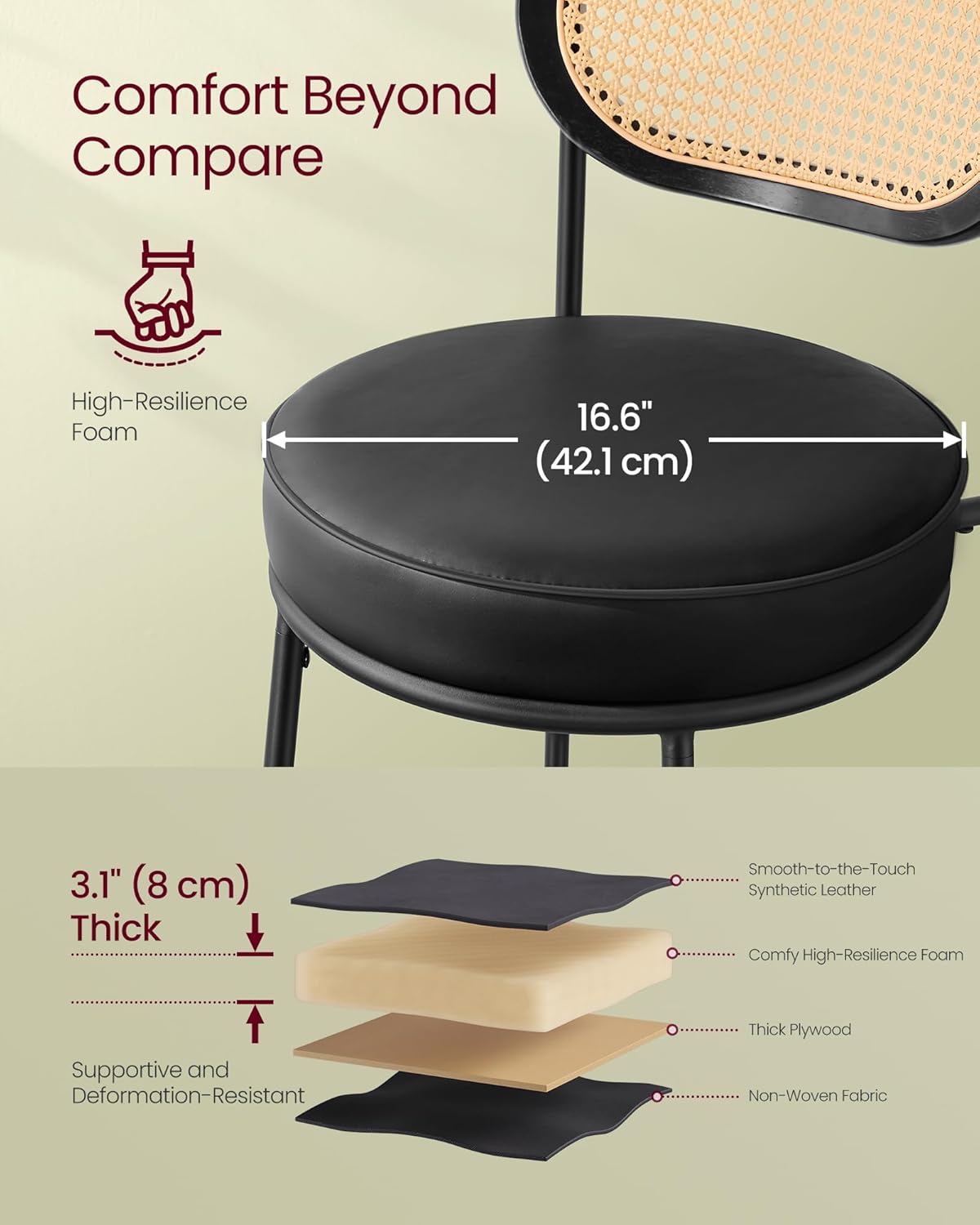 VASAGLE Bar Stools Set of 2, Bar Height Stools with Rattan Back and Metal Legs, 30.1-Inch Tall Counter Chairs, Modern Leather Upholstered Barstools for Kitchen Island Dining Room, Ink Black