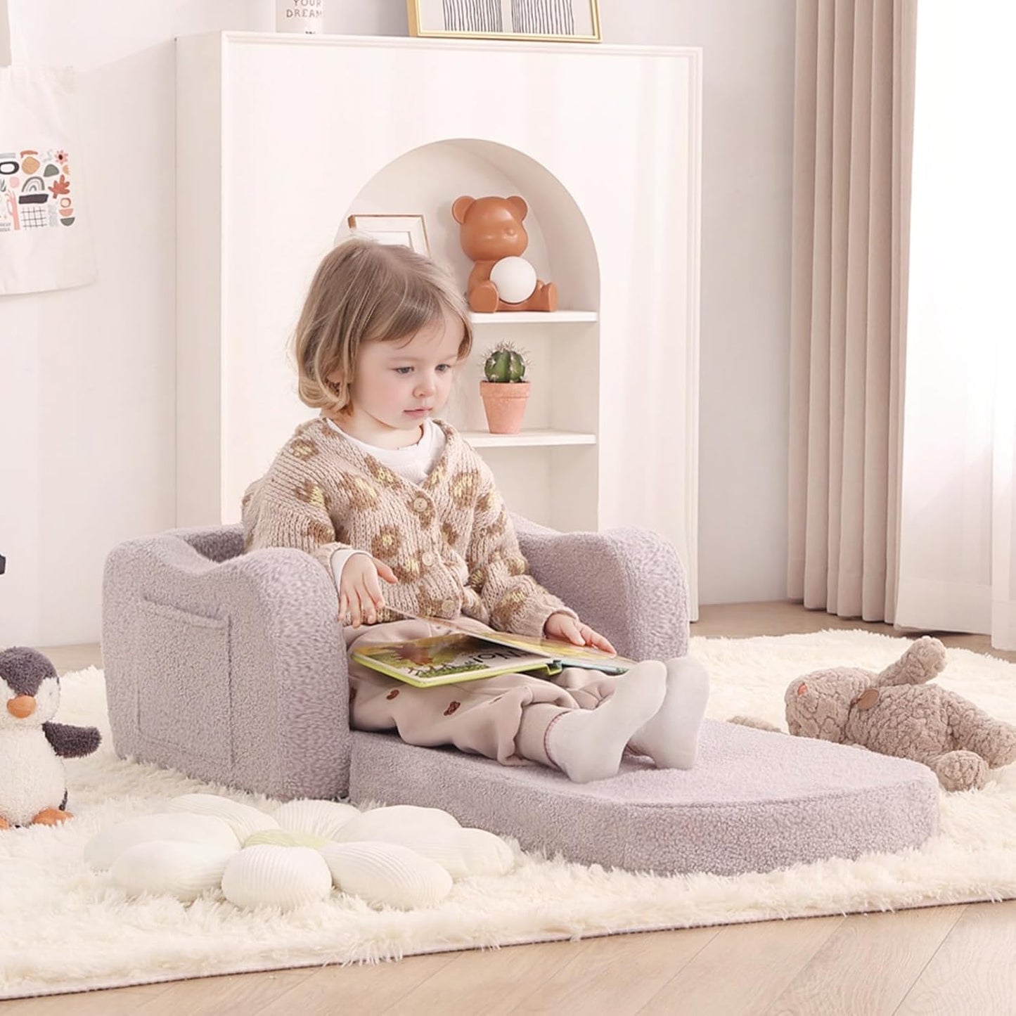 Welnow Kids Sofa, 2-in-1 Soft Sherpa Toddler Chair, Convertible Toddler Couch Lounger, Flip Out Kids Couch Chair with Side Pockets & Removable Cover for Girls and Boys, Grey
