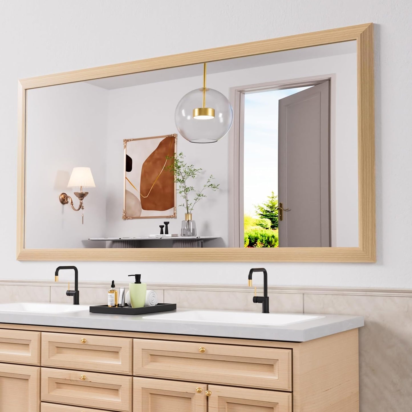 Amorho 72 X36 Inch Bathroom Mirror for Wall, Oak Wood Grain Metal Framed Mirror, Anti-Rust, Hang Horizontally/Vertically, Suitable for Bedroom, Farmhouse, Bathroom, Decorative