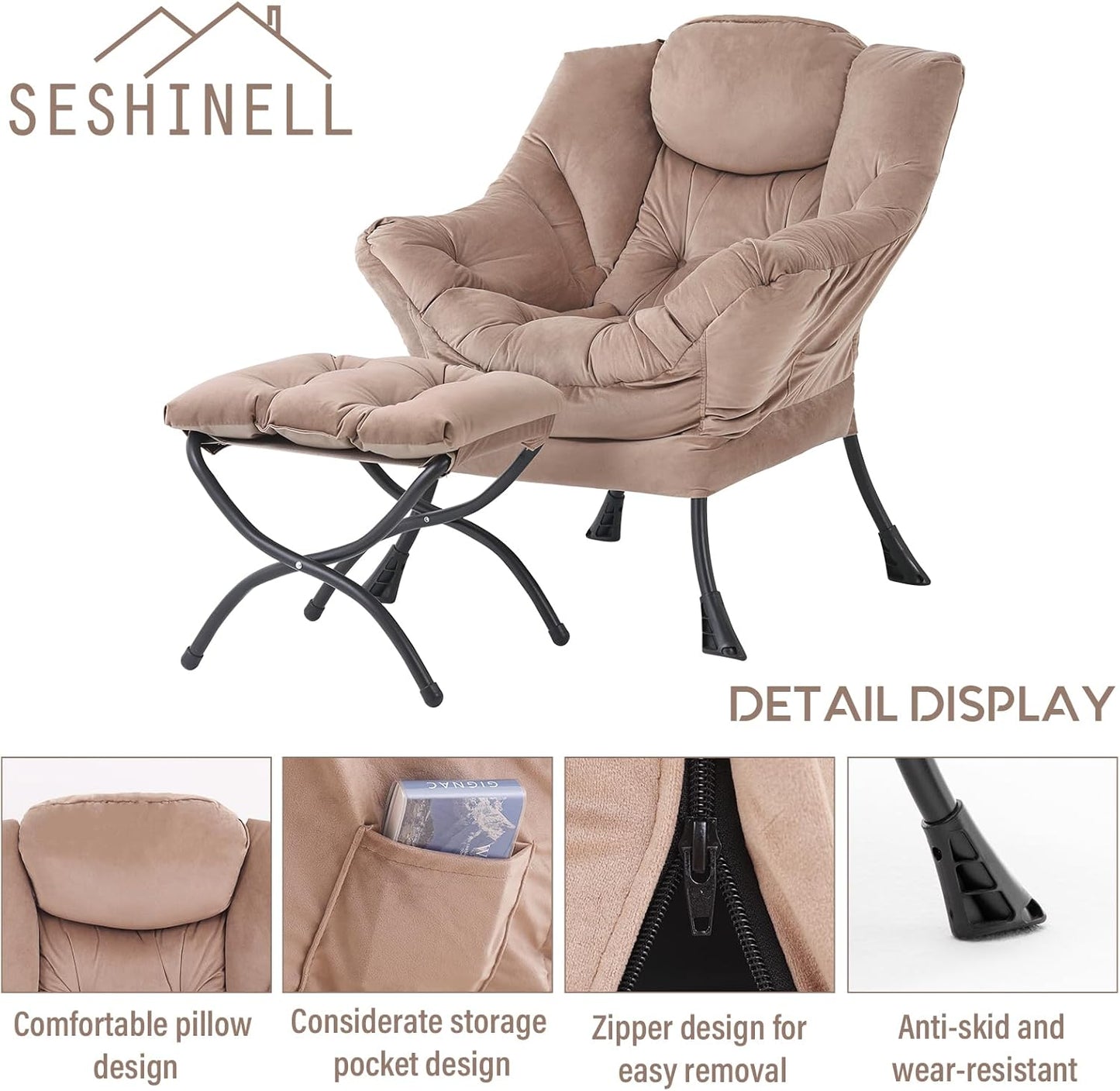 Lazy Chair with Ottoman, Modern Accent Chair Contemporary Lounge Leisure Sofa Chair with Armrests, Reading Chair and Folding Footstool Set for Living Room, Bedroom, Office, Khaki