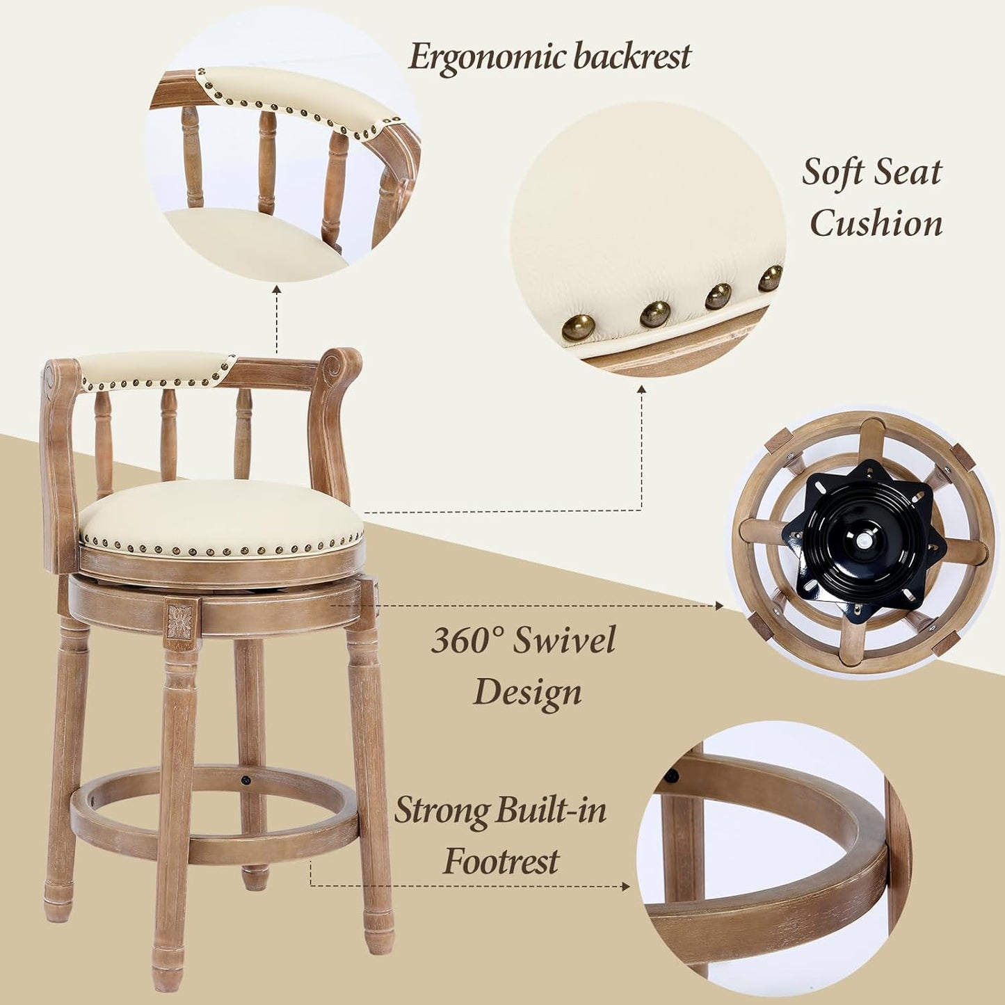 CozyRain Bar Stools Modern Swivel Barstools,Kitchen Counter Genuine Leather Upholstered Vintage Barstool for Home Kitchen Dining Room (Beige, Seat Height 26 in)