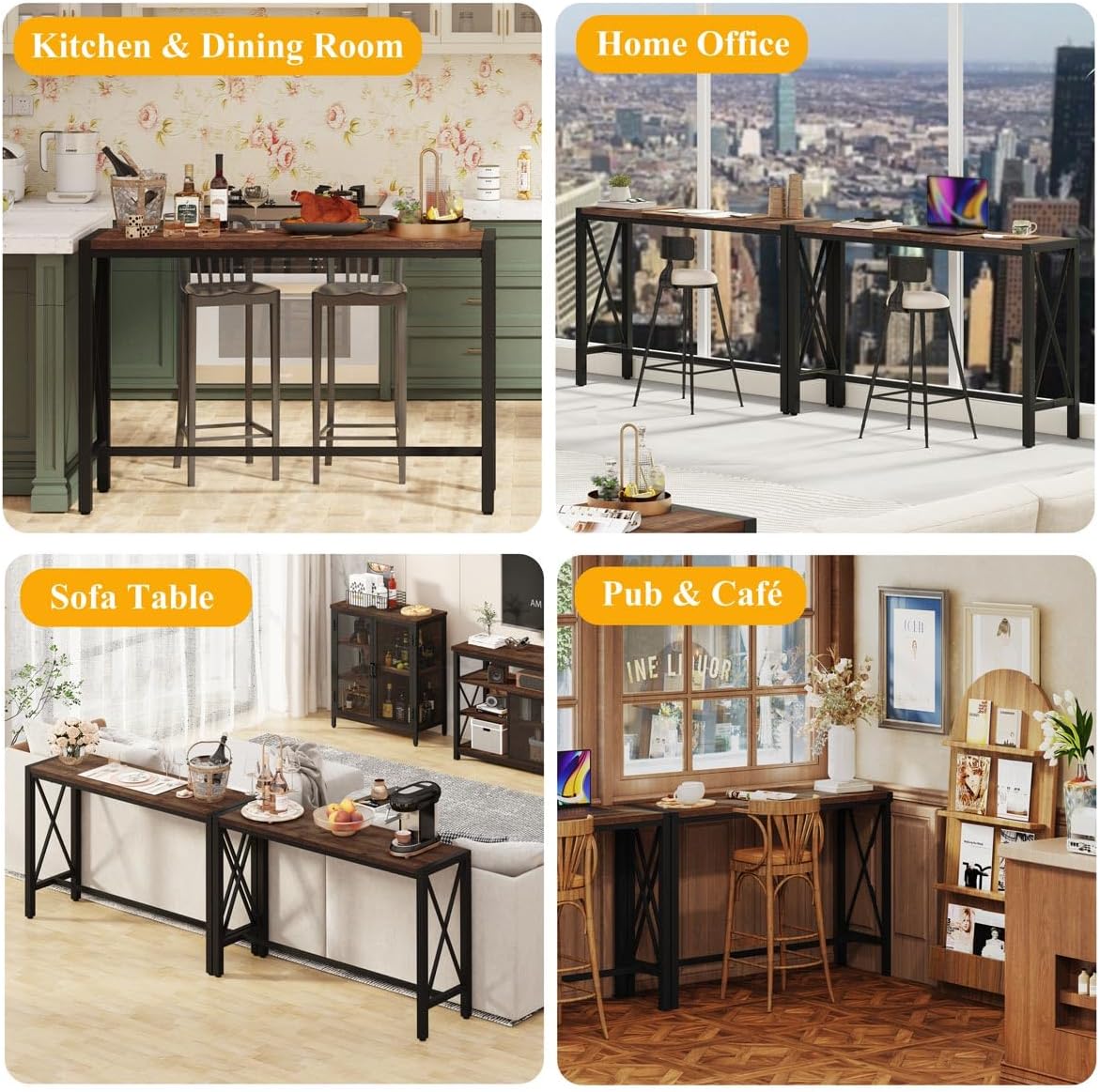 BON AUGURE Bar Table, 55 in Counter Height Pub Tables, Rectangular Tall Behind Couch Sofa Table, High Top Wood Console Tables for Home, Living Room, Kitchen (Rustic Oak, 36.6)