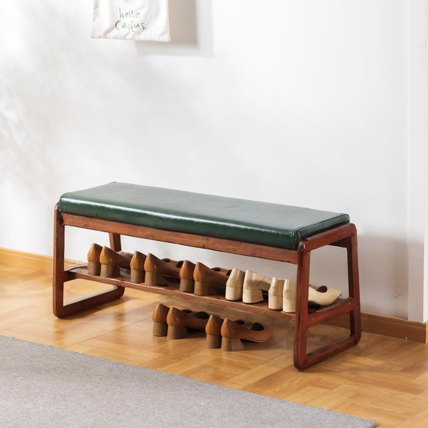 Solid Wood Shoe Bench, 2-Tier Wooden Entryway Bench, Modern Shoe Rack with Faux Leather Cushion for Hallway, Living Room (Green, 39.4'')