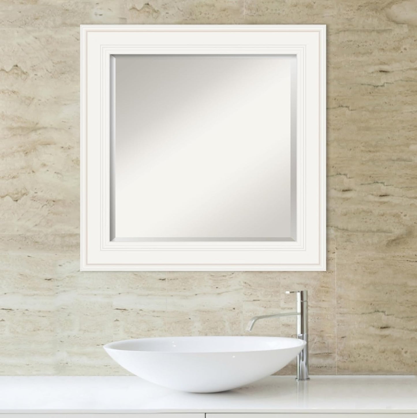 Amanti Art White Bathroom Mirror for Over Sink, 26x26 Ridge White Square Vanity Mirror, Medium Traditional Frame, Hangs Horizonally and Vertically, Bathroom Wall Decor, Beveled Edge from WI, USA