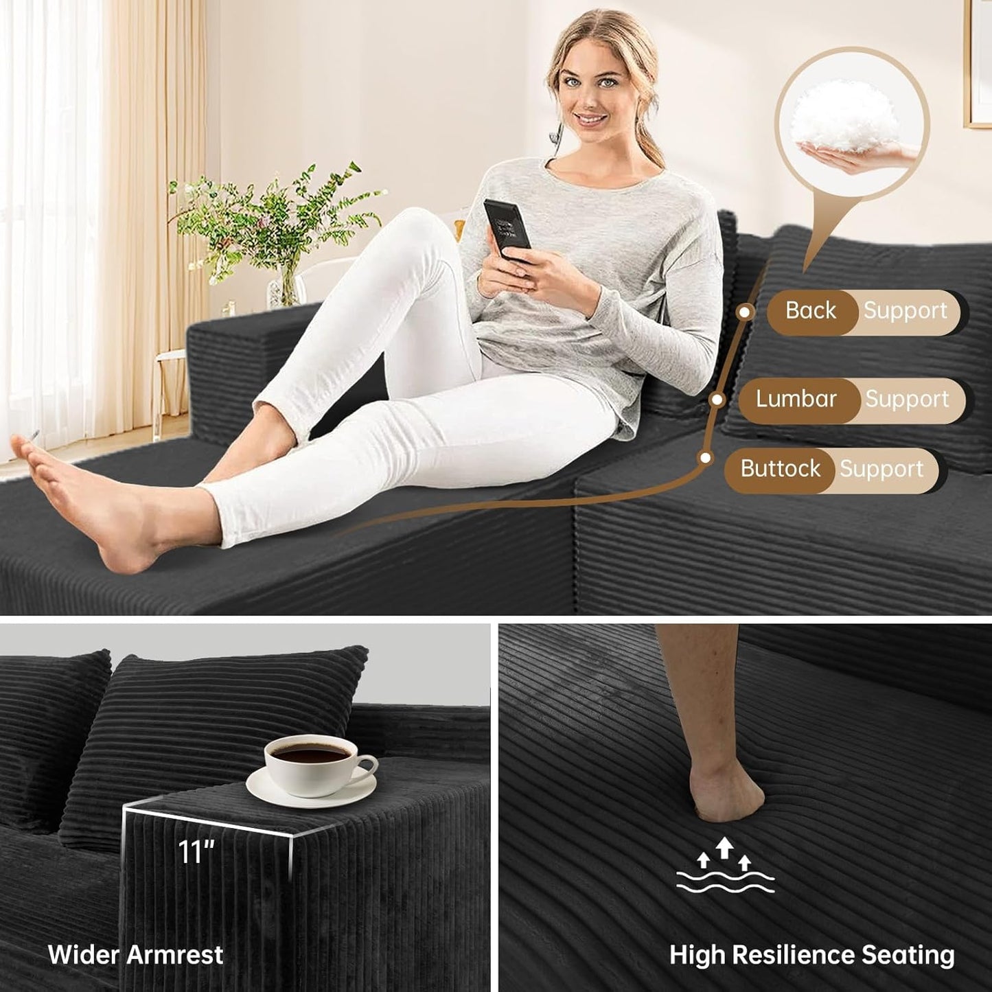 ANONER 103" Modular Sectional Sofa, L-Shaped Cloud Couch with Chaise, Corner Sofa with Deep Seat, Modern Minimalist Boneless Couch, Sectional Couches for Living Room, Apartment (Dark Grey)