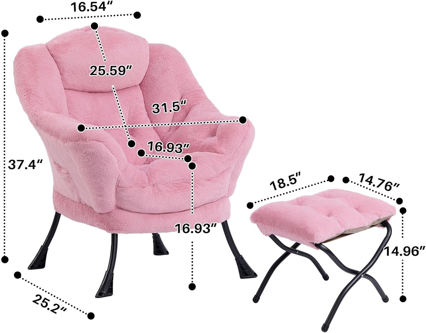 HollyHOME Fabric Lazy Chair with Foldable Ottoman, Accent Comfy Lounge Arm Chair and Folding Footrest Stool Set, Leisure Sofa Reading Chair and Footstool for Living Room, Bedroom, Dorm, Pink