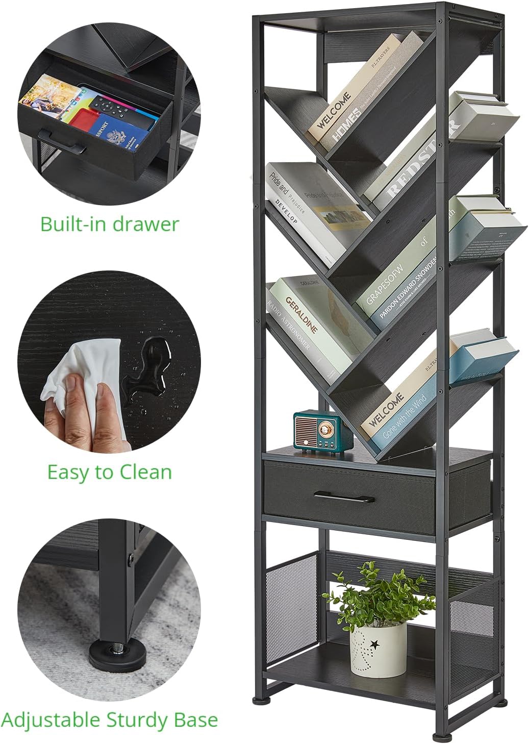 Bookshelf with Drawer,10 Tier Tree Bookcase Retro Floor Standing Bookshelves,Tall Wood Bookcases with Cabinet Storage Organizer for Living Room, Bedroom & Home Office, Black