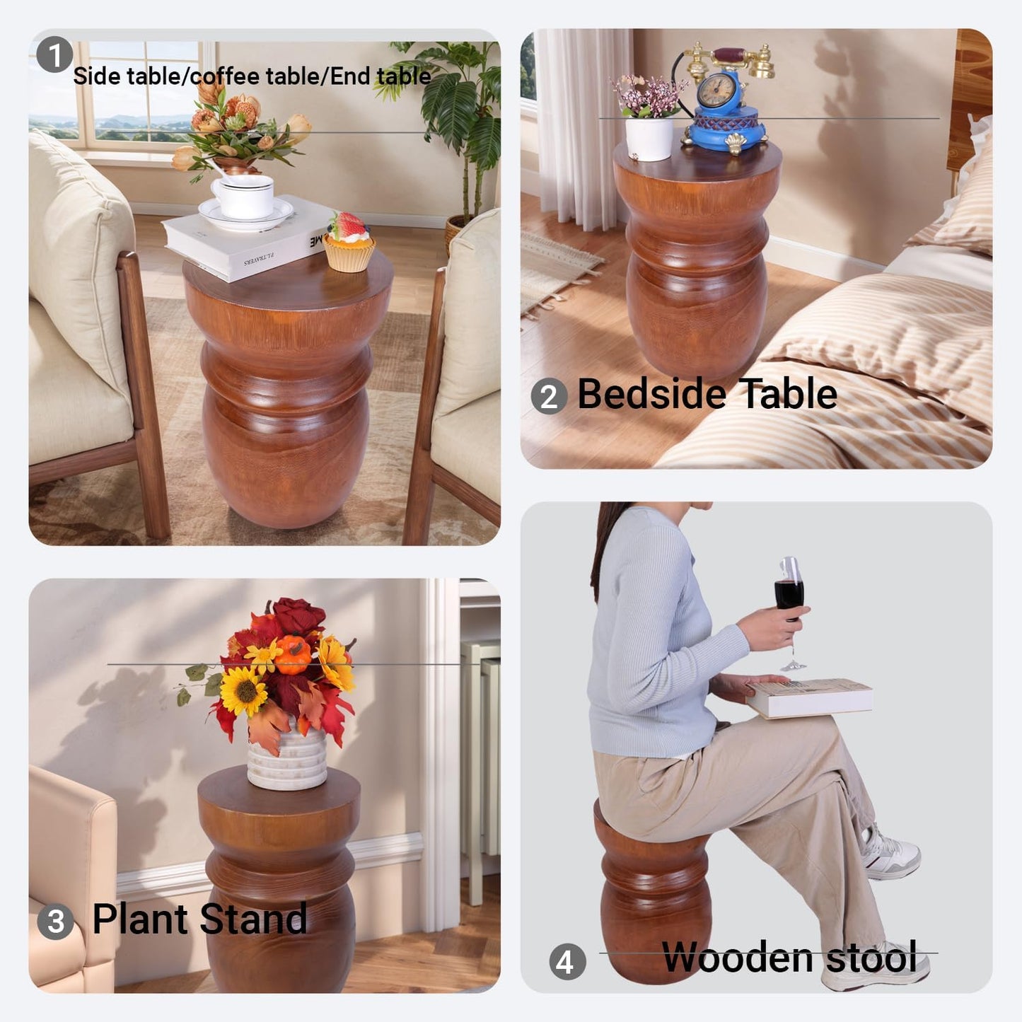 Compact Natural Wood Tree Stump End Table – Small 15.75" H Rustic Accent Table, Lightweight Solid Paulownia, Multi-Purpose Decorative Stool for Small Spaces