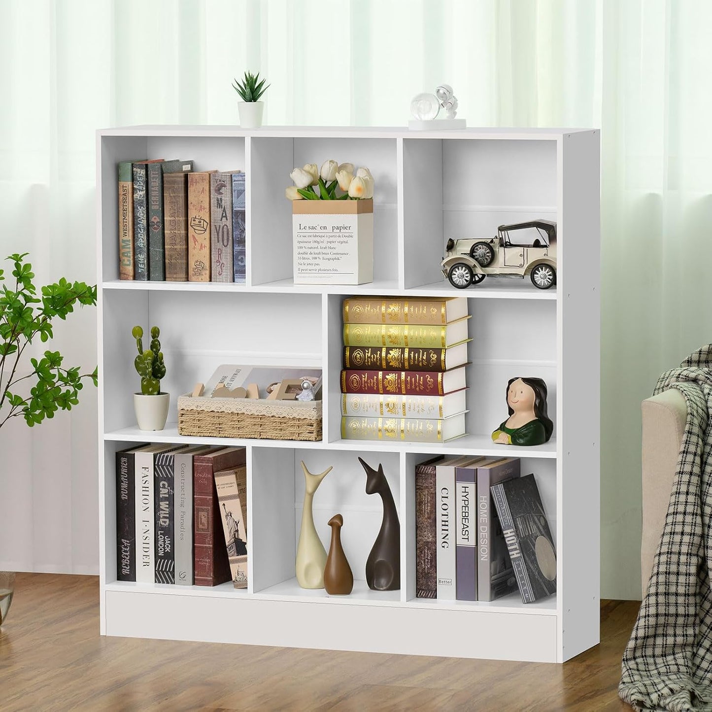 YAHARBO 5 Cube White Bookshelf,Small Modern Horizontal Bookcase,Wood Floor Standing Low Bookshelves Display Storage Cabinet with Base, Short Book Shelf Open Organizer for Bedroom,Living Room,Office