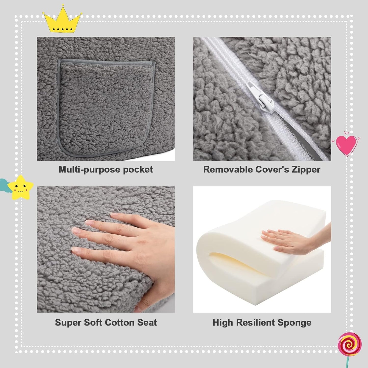 ALIMORDEN 2-in-1 Flip Out Cuddly Sherpa Toddler Couch, Convertible Sofa to Lounger, Grey